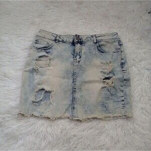 Rue 21 Denim Skirt Frayed Hem Distressed Cotton Blend Women's Sz. L